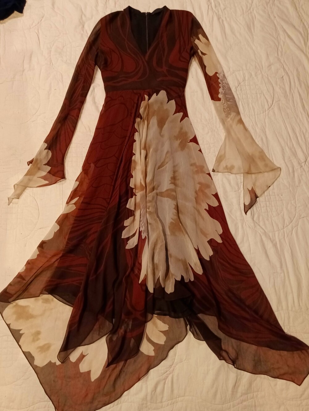 Yigal Azrouel Luxury Maroon  Brown & Cream Floral Asymmetrical Drape Silk Dress